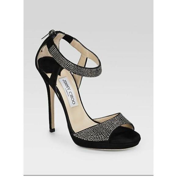 Authentic Jimmy Choo (11/41) Lancer Smokey Crystal-Embellished Black Suede Heels - Picture 1 of 9
